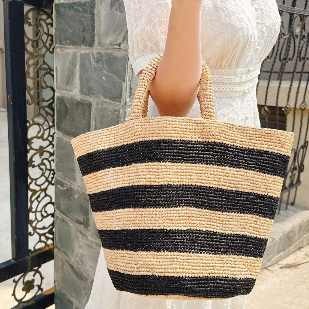 Handwoven beach bag in modern striped pattern Stornfield