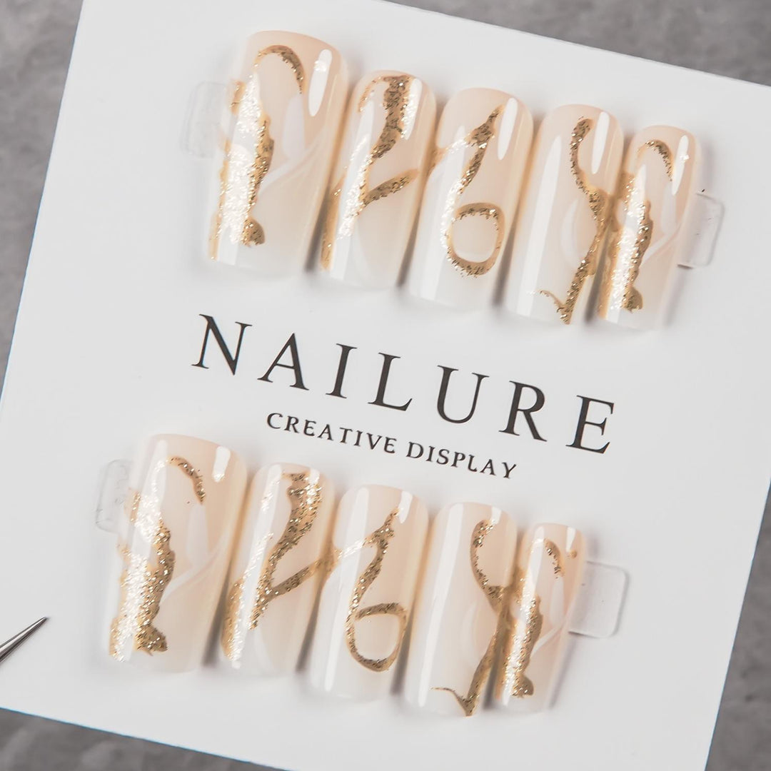 Decorative Press-On Nail Art Set with Gold Accents