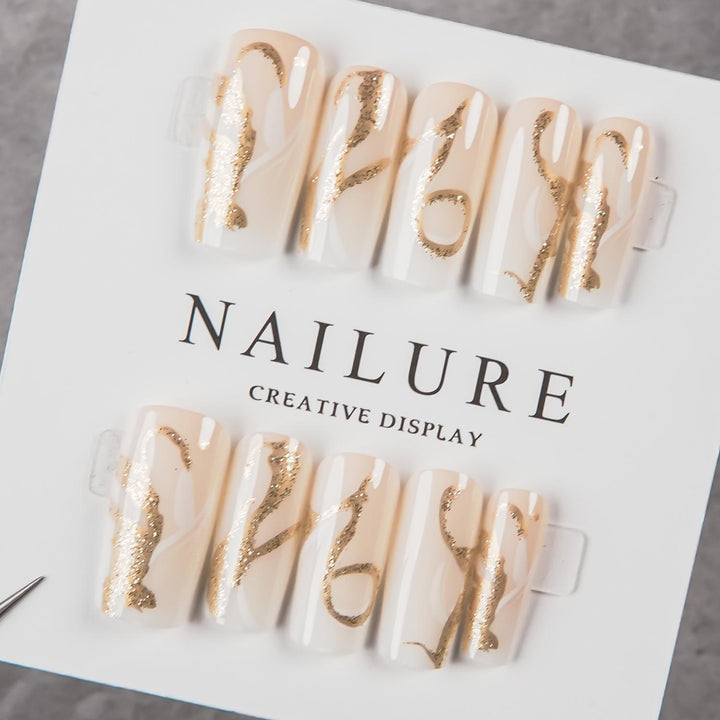 Decorative Press-On Nail Art Set with Gold Accents
