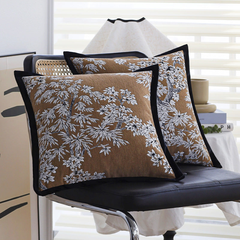 Square embroidered cushion cover made of cotton-linen blend with floral jacquard texture and velvet piping Stornfield
