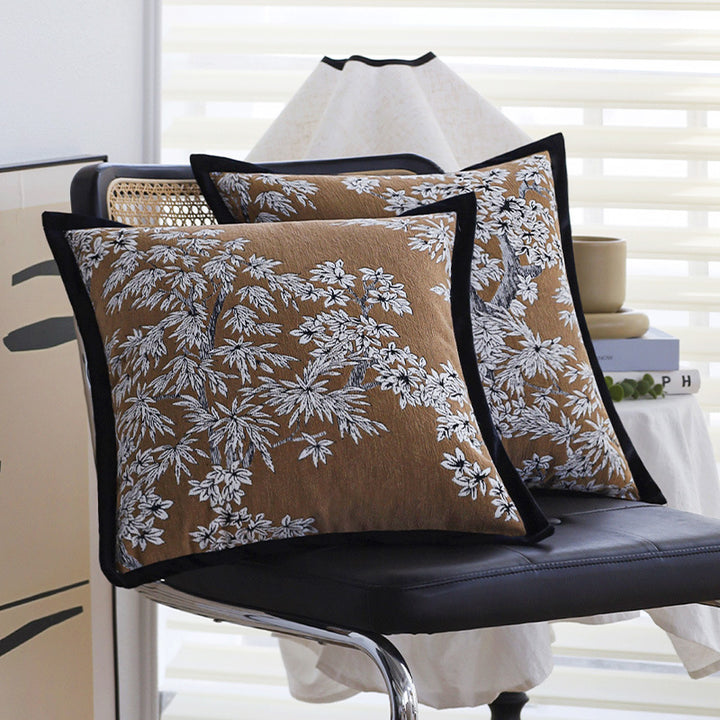 Square embroidered cushion cover made of cotton-linen blend with floral jacquard texture and velvet piping Stornfield