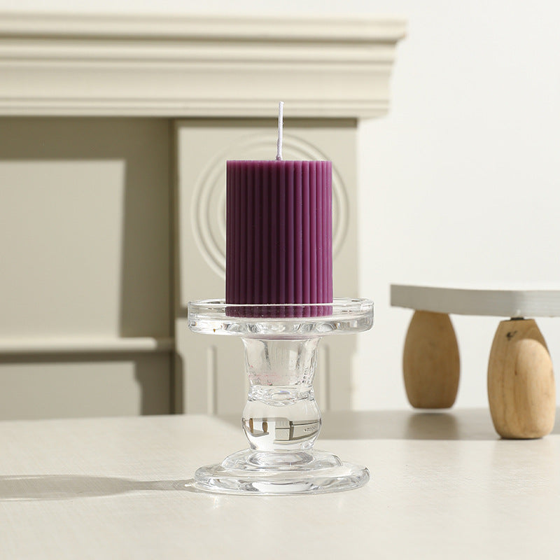 Ribbed Column Pillar Candle with Glass Pedestal Holder