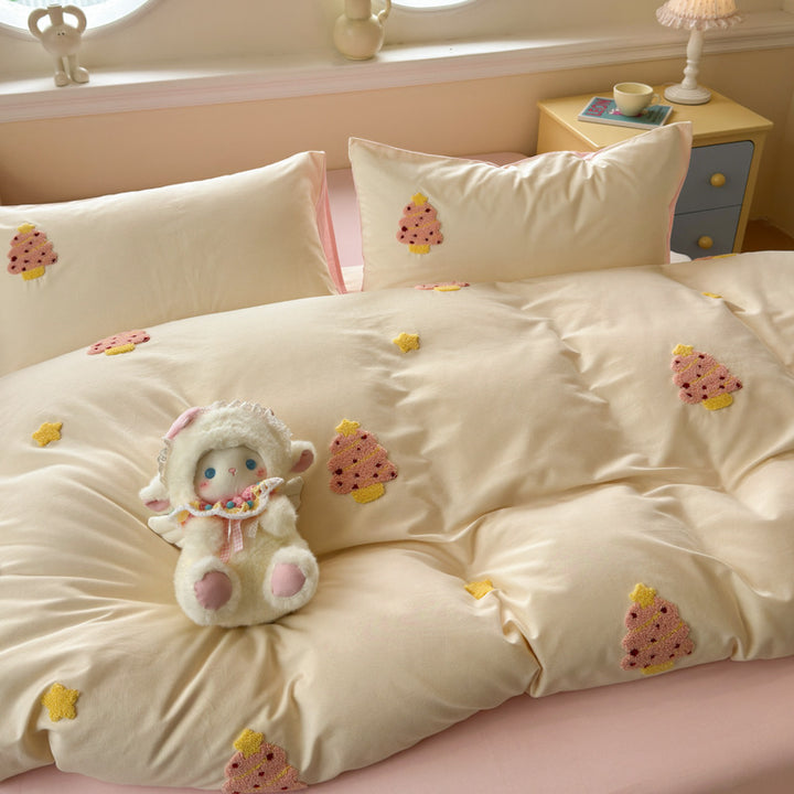 Plush Embroidered Cherry Motif Comforter and Pillow Sham Set