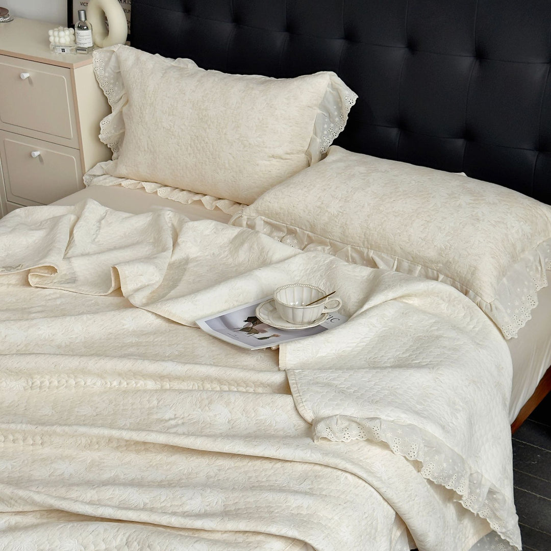 Quilted Cotton-Blend Coverlet Set with Eyelet Lace Ruffled Pillow Shams