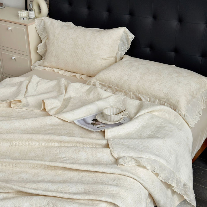 Quilted Cotton-Blend Coverlet Set with Eyelet Lace Ruffled Pillow Shams