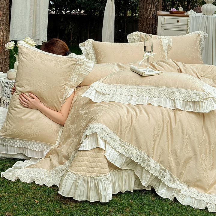 Ruffled Lace-Trim Jacquard Floral Duvet Cover Set with Quilted Bed Skirt and Pillow Shams
