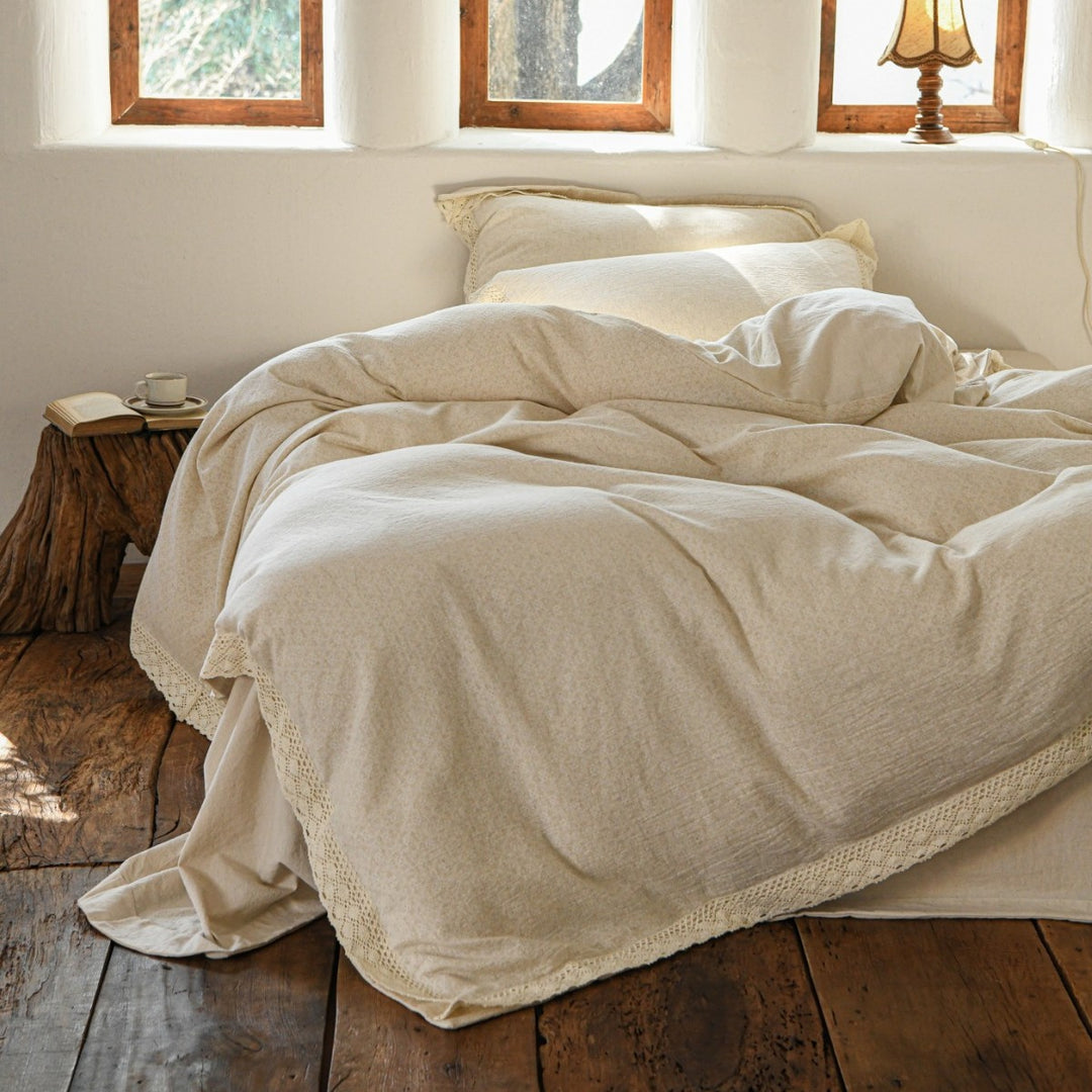 Breathable Linen-Cotton Washed Duvet Cover Set with Crocheted Lace Edge & Envelope Closure