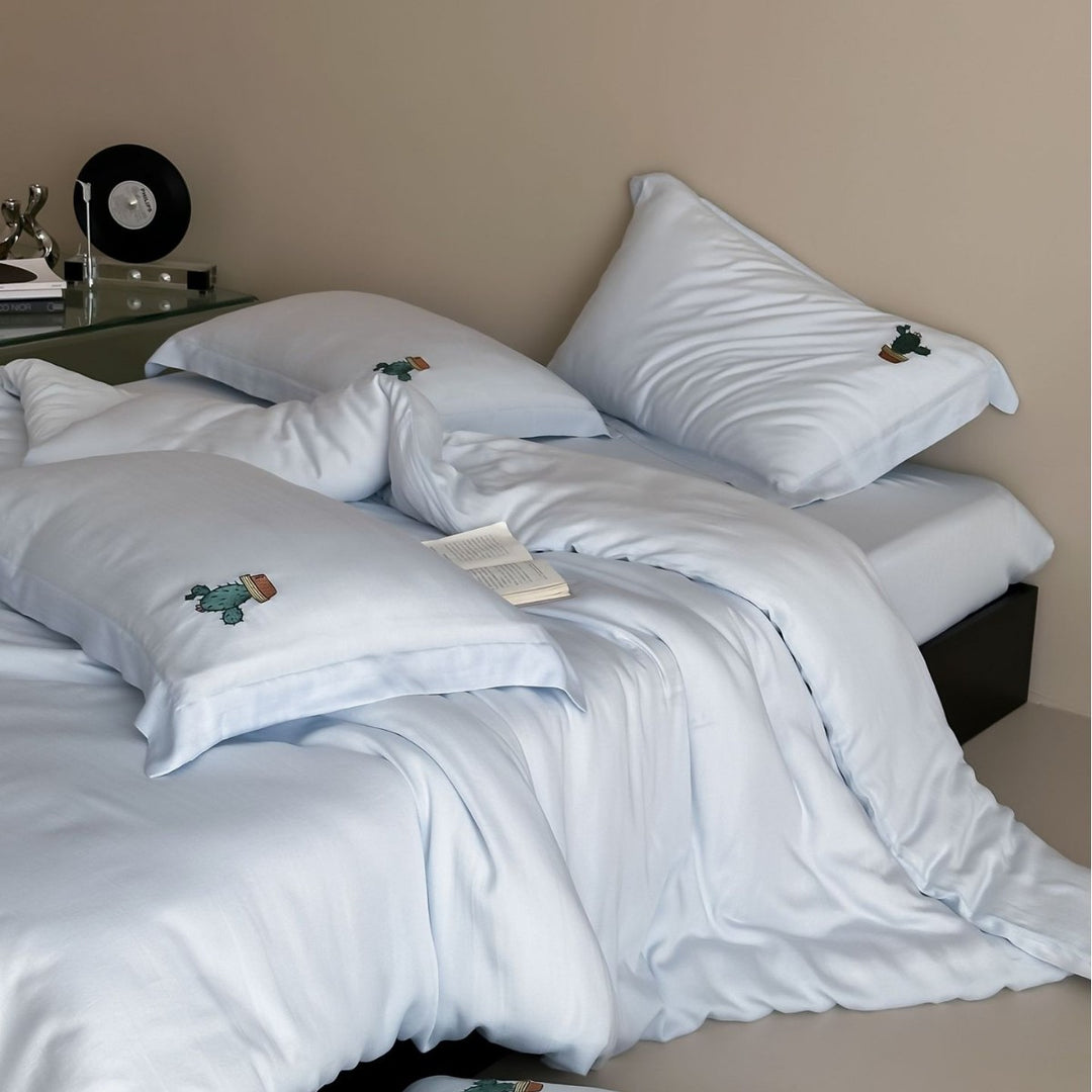 Premium cotton satin bedding set with subtle embroidered medallions