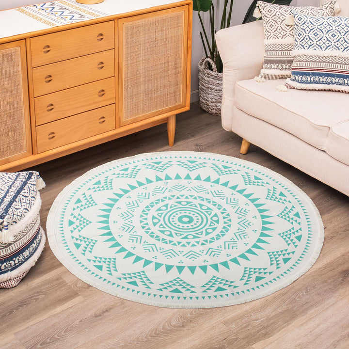 Round woven rug with mandala motif, flat cotton-jute mix and fringes Stornfield