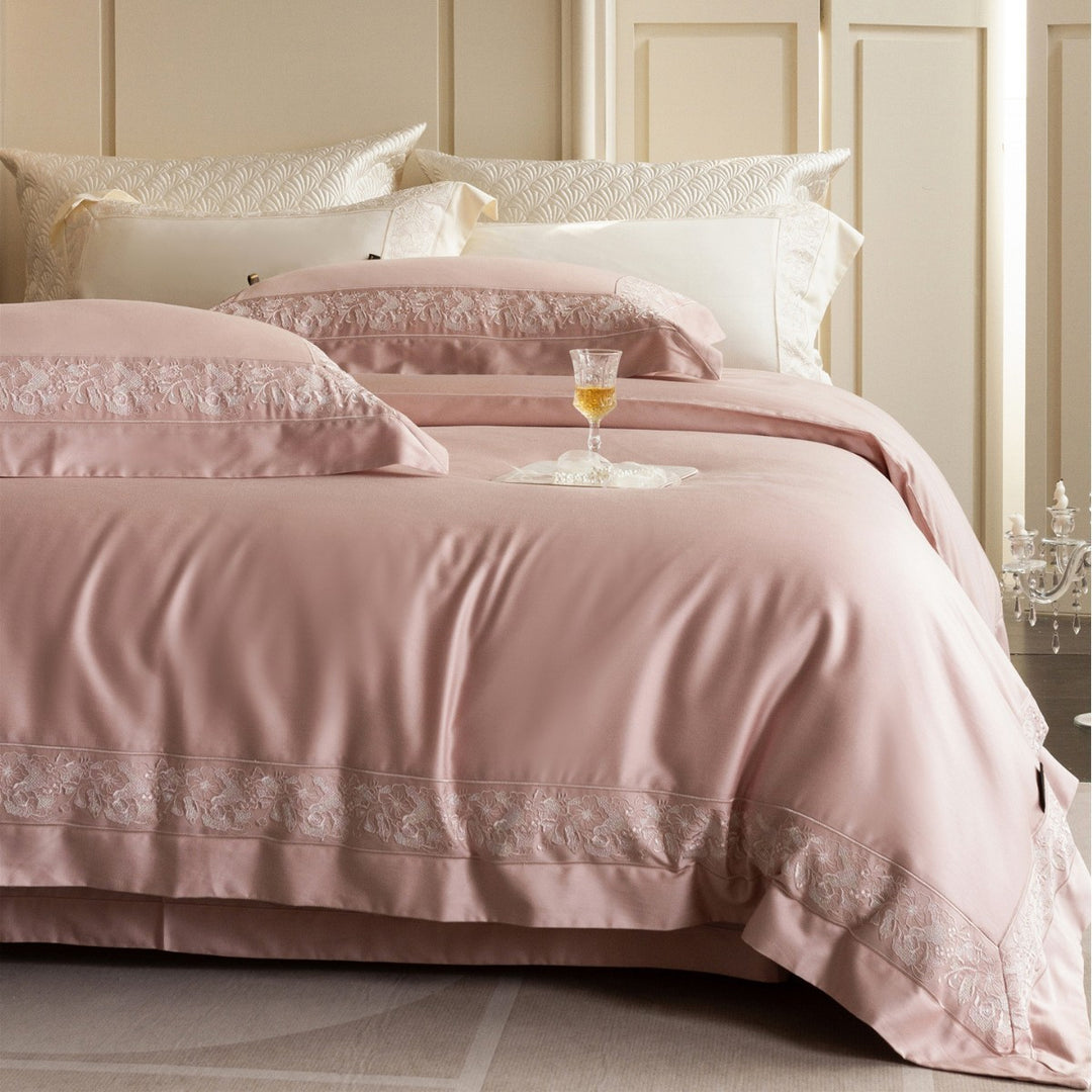 Silky Sateen Duvet Cover Set with Floral Lace Inset and Deep-Pocket Pillow Shams