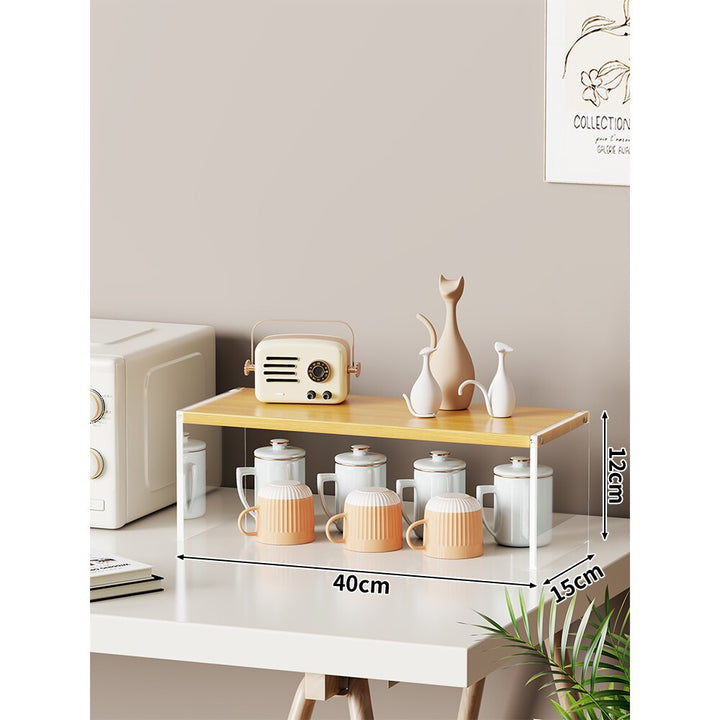 Compact Multi-Level Countertop Cup and Mug Display Shelf with Bamboo Shelves and Transparent Sides