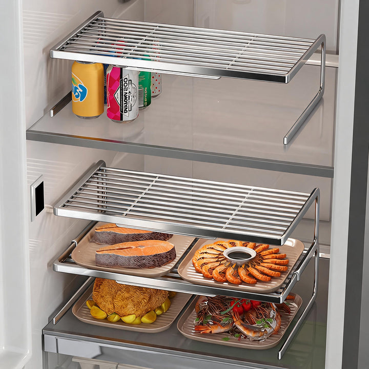 Two-Tier Adjustable Refrigerator Shelf Riser and Fridge Organizer
