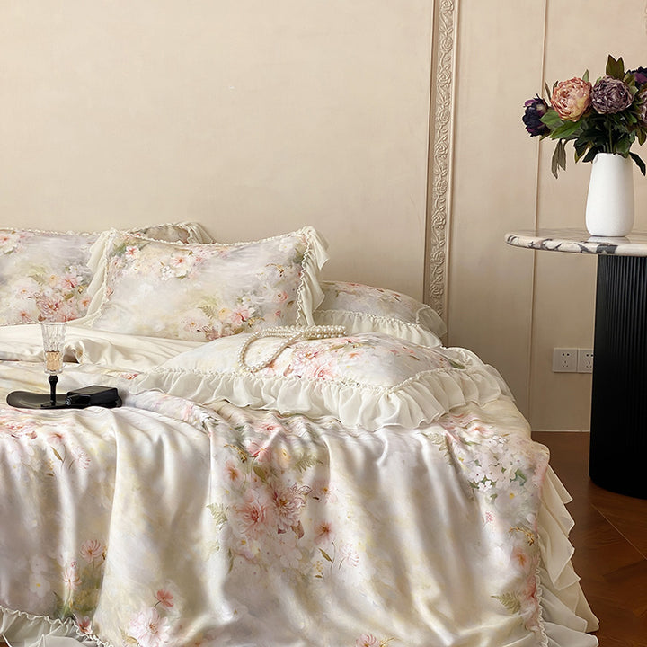 Luxury Floral Satin Bedding Set with Ruffled Edge
