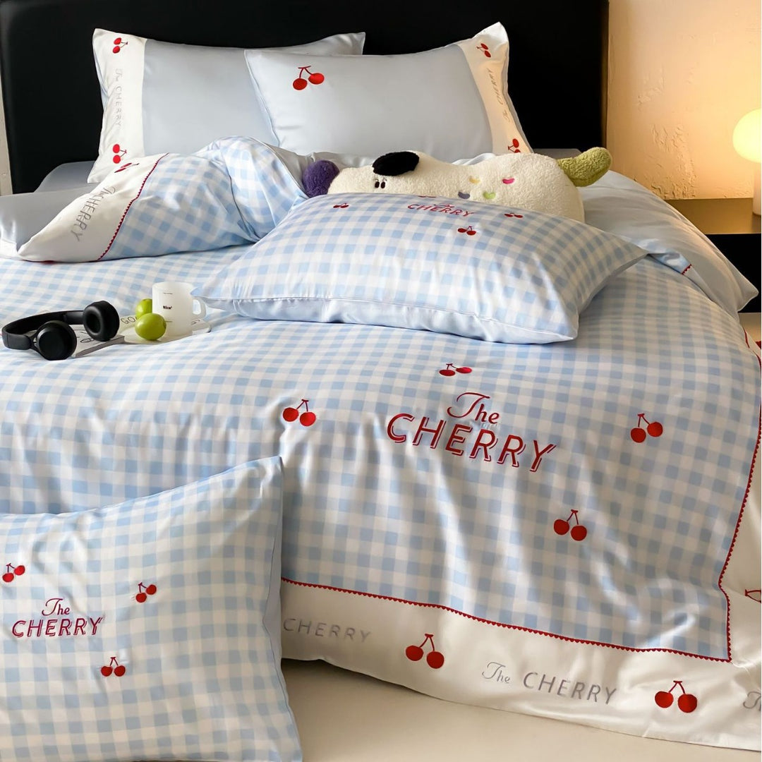 Pastel Gingham Cherry Embroidered Bedding Duvet Cover Set with Satin-Edge Pillow Shams