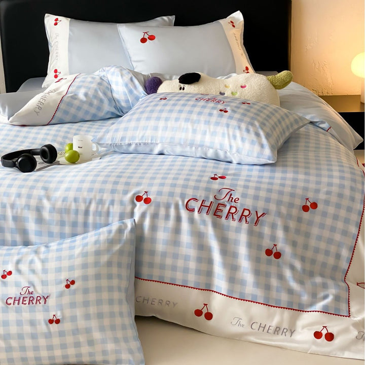 Pastel Gingham Cherry Embroidered Bedding Duvet Cover Set with Satin-Edge Pillow Shams