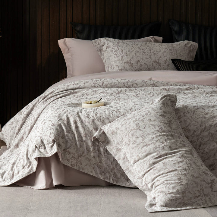 Luxury Cotton Sateen Reversible Duvet Cover Set with Scrolled Jacquard Print and Tailored Hem