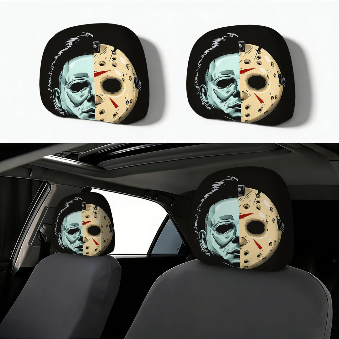 Car headrest cover with retro horror motif