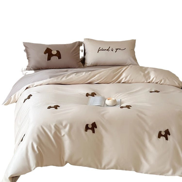 Embroidered Horse Appliqué Sateen Duvet Cover Set with Silky Microfiber Pillow Shams