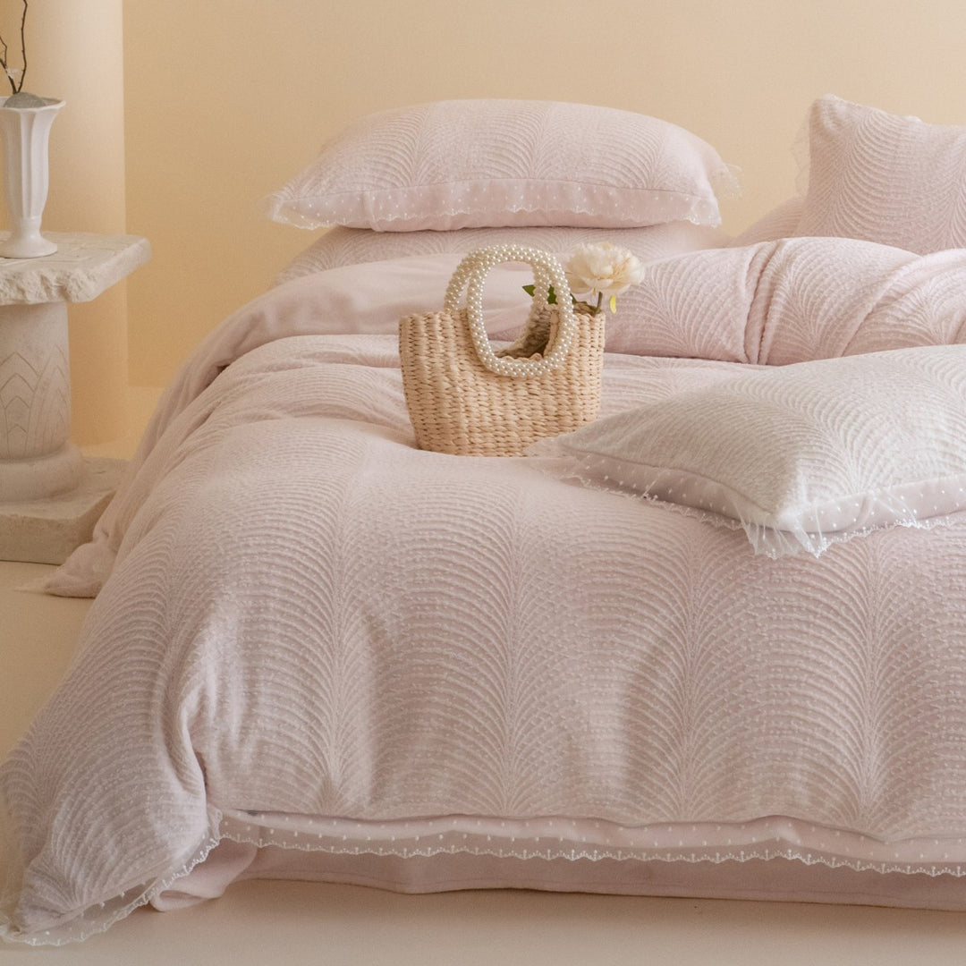 Quilted Wave-Textured Duvet Cover Set with Lace-Trim Shams