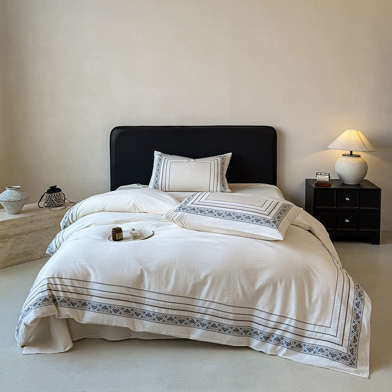 Embroidered Cotton Duvet Cover Set with Pillow Shams and Breathable Percale Weave