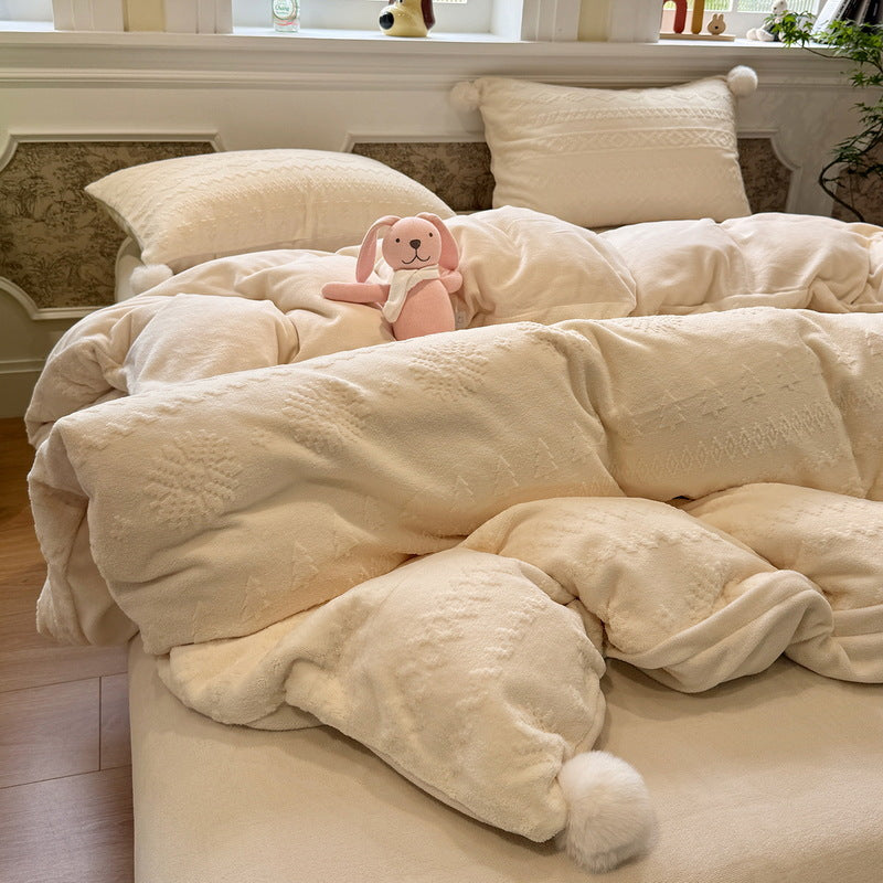 Plush Pom-Pom Microplush Comforter Set with Jacquard Snowflake Texture
