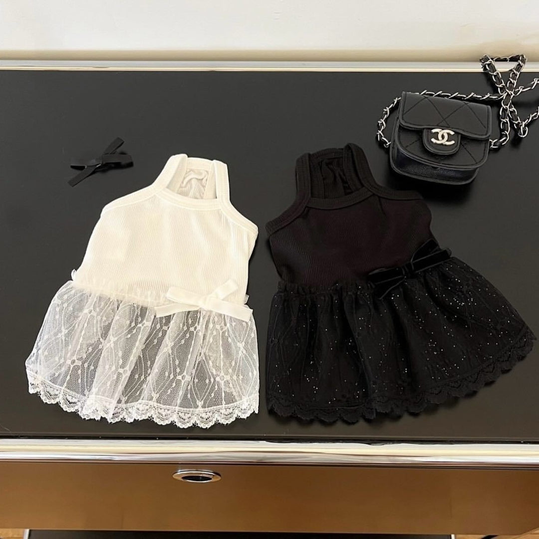 Delicate Lace Tulle Pet Dress with Ribbed Bodice & Decorative