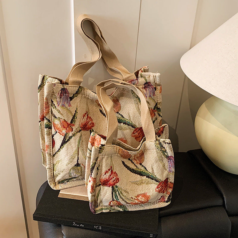 Floral Embroidered Shoulder Tote Bag