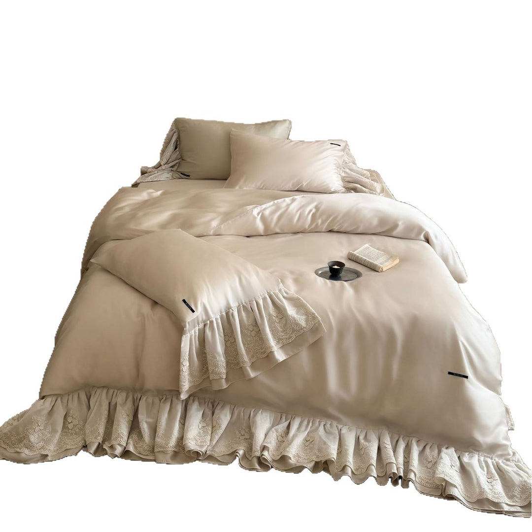 Luxury Satin-Feel Ruffled Lace-Trim Duvet Cover Set with Deep Skirt