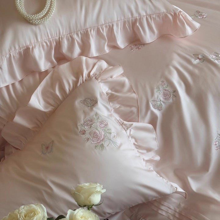 Romantic Embroidered Cotton-Sateen Ruffled Duvet Cover Set with Cylinder Bolster and Ruffled Oxford Shams
