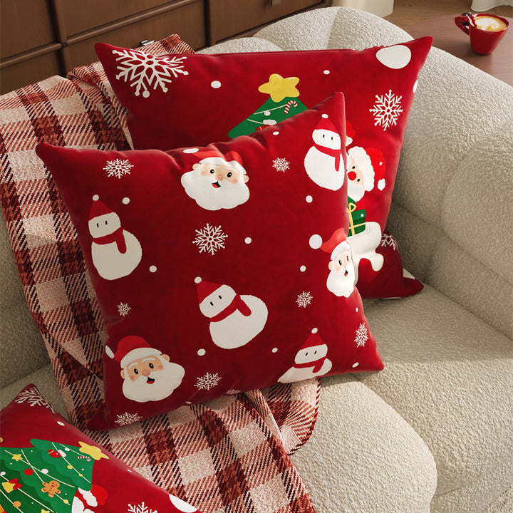 Christmas Velvet Decorative Throw Pillow Cover with Plush Holiday Illustration and Hidden Zipper