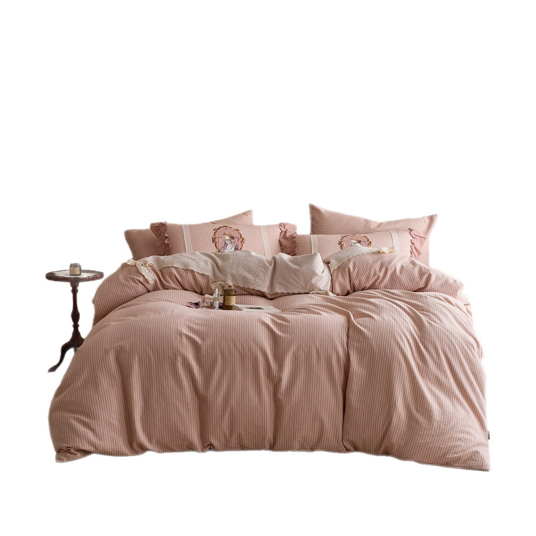 Romantic Ruffled Striped Cotton-Linen Blend Duvet Cover Set with Embroidered Cameo Pillow Shams