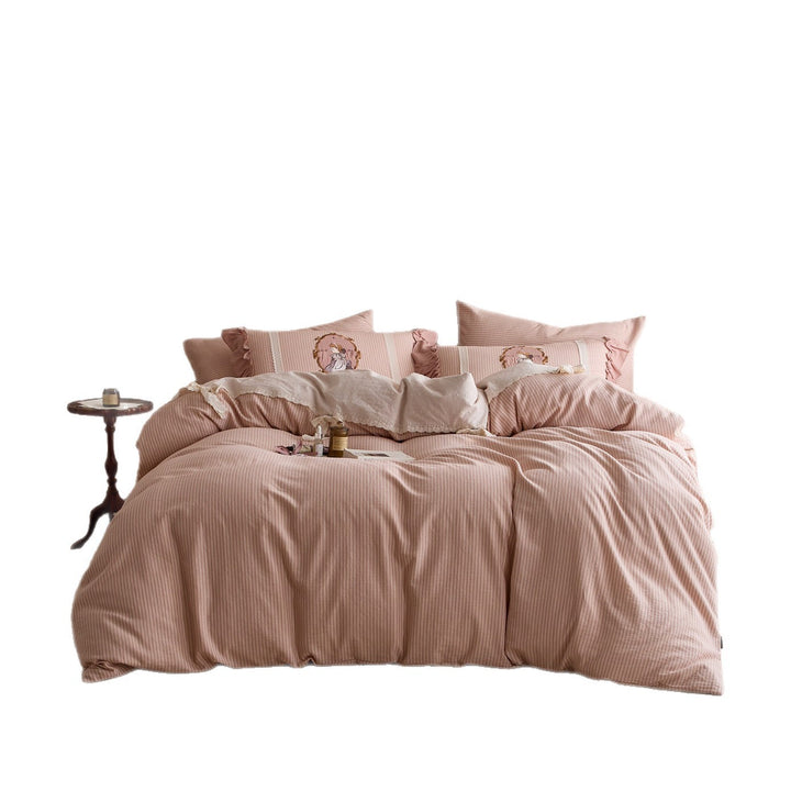Romantic Ruffled Striped Cotton-Linen Blend Duvet Cover Set with Embroidered Cameo Pillow Shams