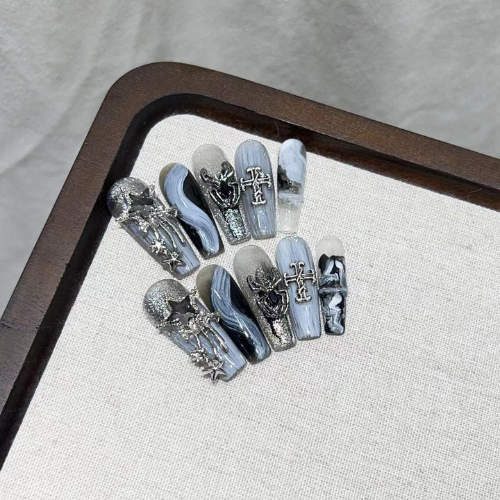 Glamorous Press-On Nail Art Set with Decorative Metallic Elements Stornfield