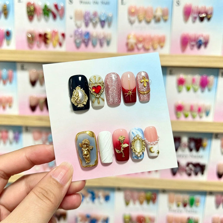 Creative Decorative Press-On Nail Art Set with Charms and Unique Designs
