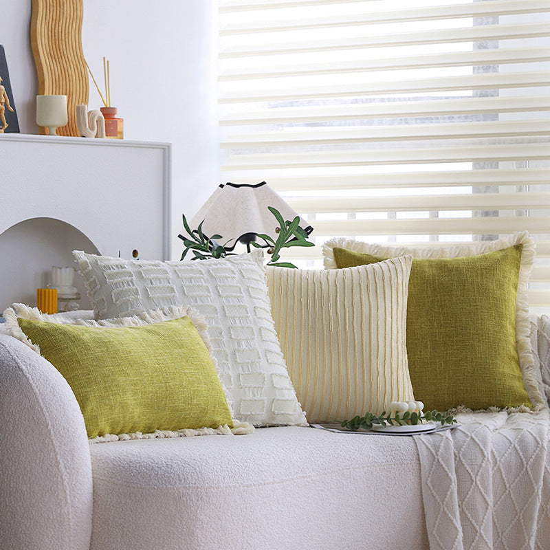 Square decorative pillow cover made of cotton blend with relief rectangular tufts and fringed edge Stornfield