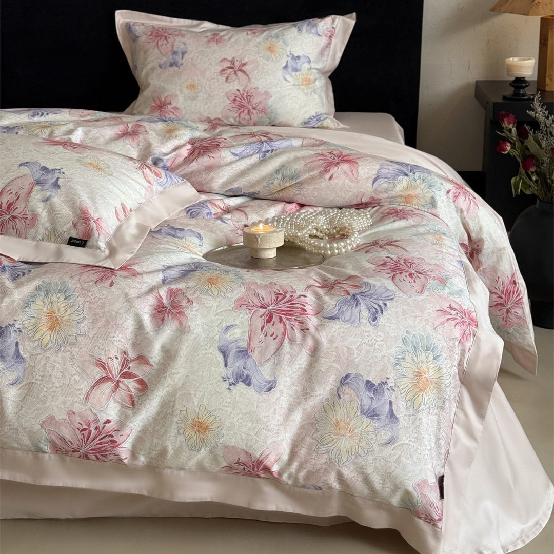 Lightweight Cotton-Sateen Floral Print Duvet Cover Set with Satin-Flange Border & Hidden Zipper