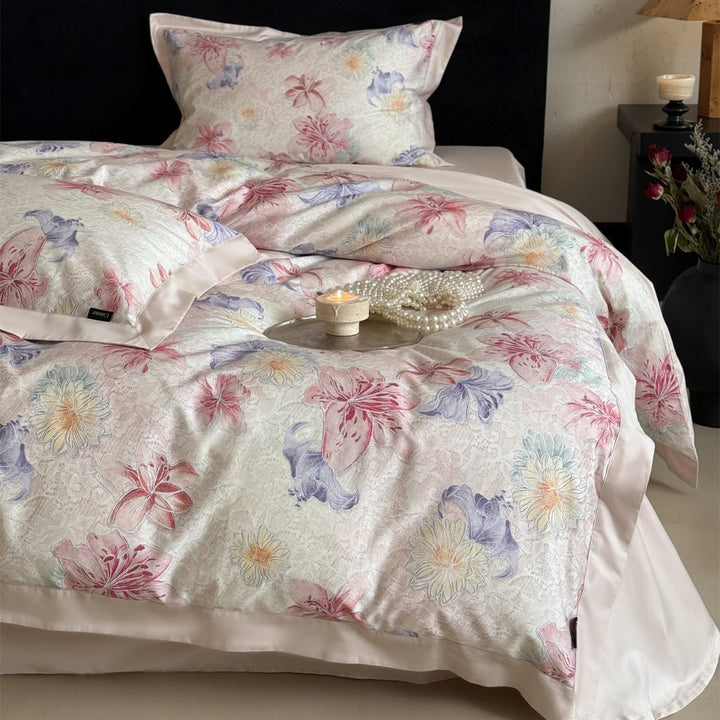 Lightweight Cotton-Sateen Floral Print Duvet Cover Set with Satin-Flange Border & Hidden Zipper