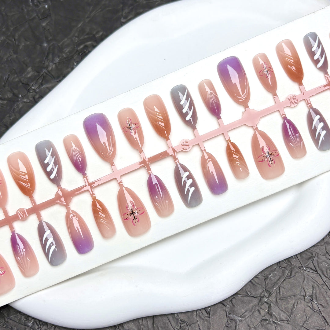 Artistic Press-On Nail Art Set with Floral and Gem Details