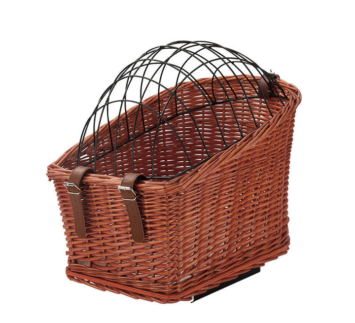 front-mount wicker bicycle pet carrier basket with foldable metal safety dome and adjustable leather buckle straps Stornfield