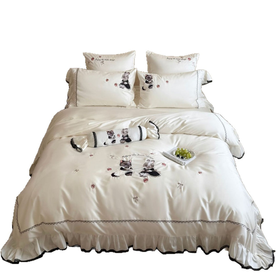 Embroidered Ruffled Satin-Feel Duvet Cover Set with Animal Appliqué & Decorative Bolster