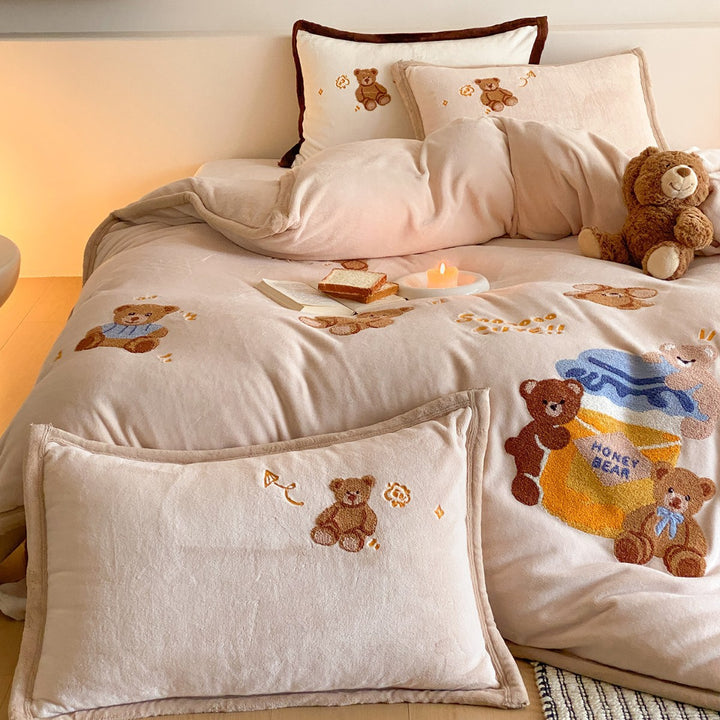 Plush Embroidered Appliqué Duvet Cover Set with Bow-Tie Shams