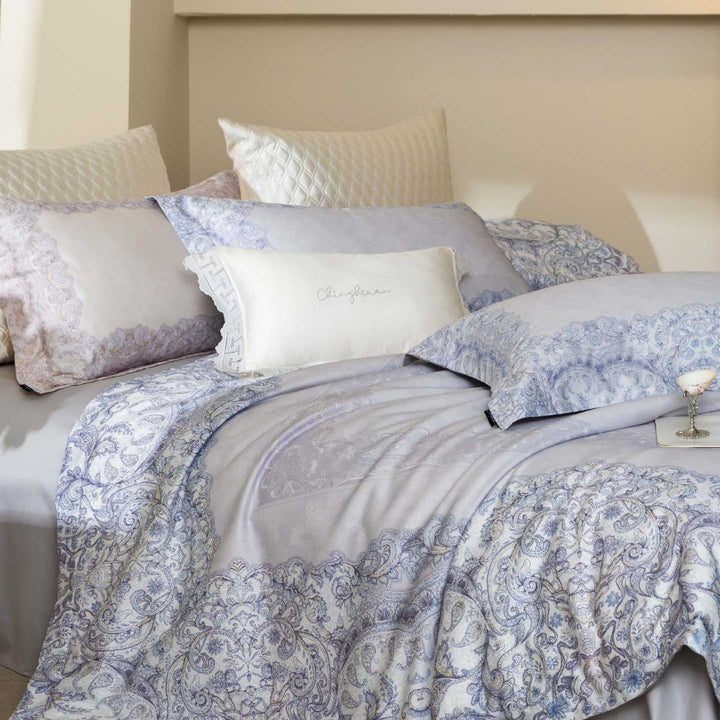 Exclusive bedding set with dark floral jacquard and satin border finish