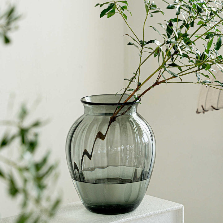 Handblown Ribbed Smoky Glass Bulb Vase with Narrow Neck Stornfield