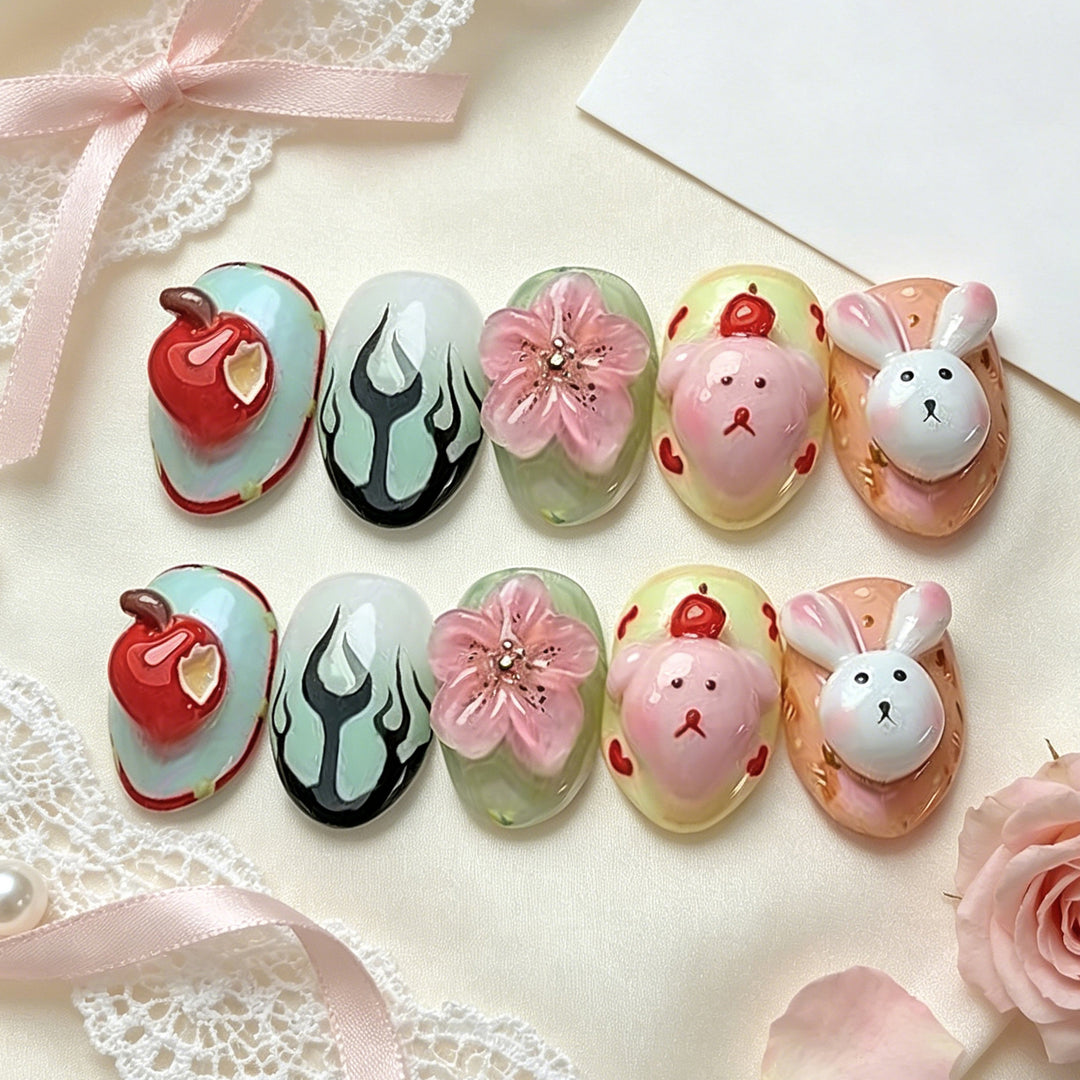 Whimsical Hand-Painted Press-On Nail Art Set