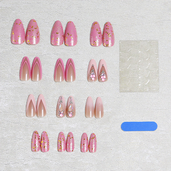 Artificial nail set with glamorous glitter and romantic flower decorations Stornfield