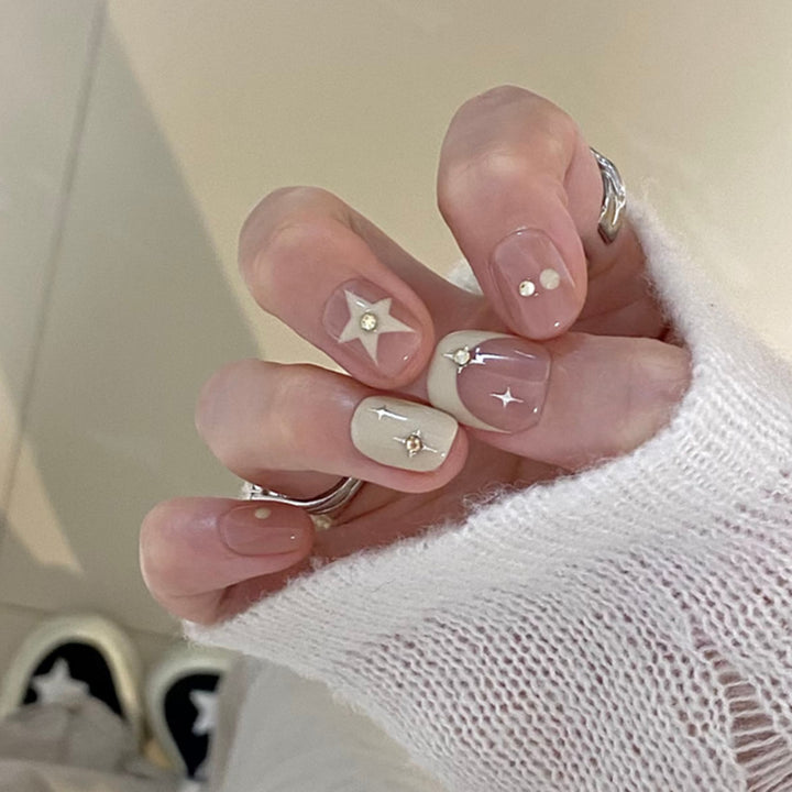 Artistic Press-On Nail Set with Unique Star and Gemstone Designs Stornfield
