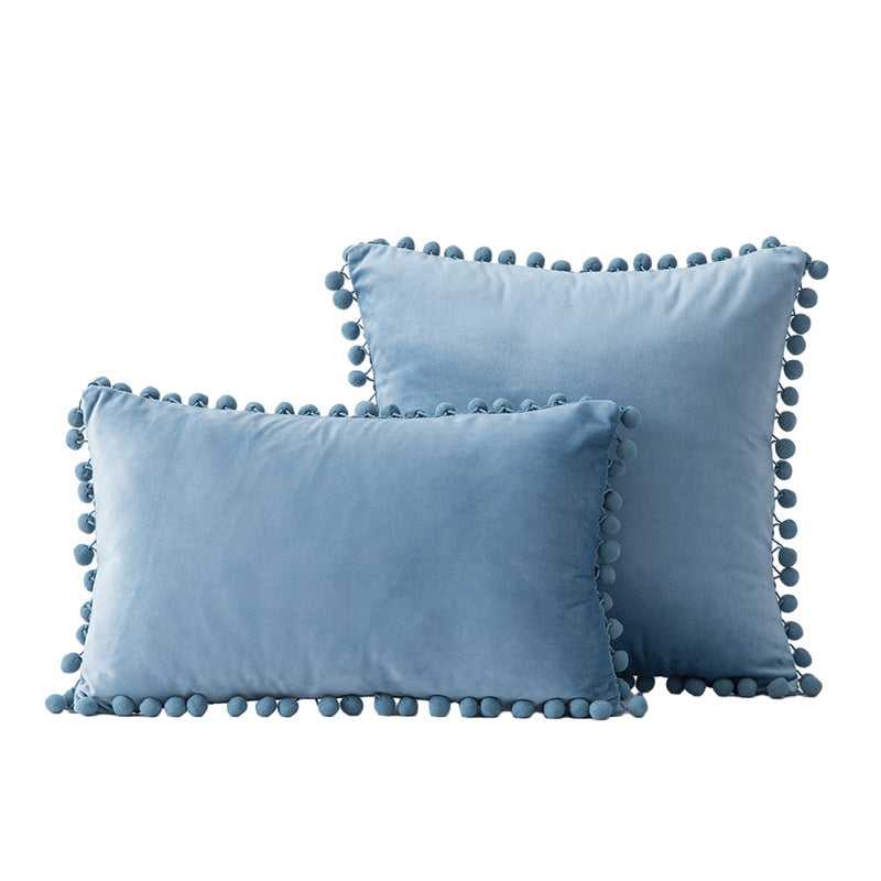 Velvet Pom-Pom Fringe Square and Lumbar Decorative Throw Pillow Set