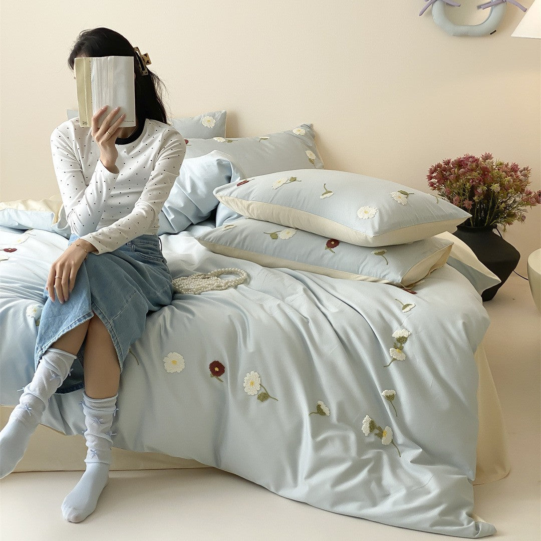 Embroidered Floral Cotton-Sateen Duvet Cover Ensemble with Reversible Satin Back & Oxford Shams