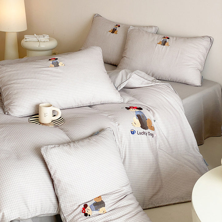 Embroidered Cotton Bedding Duvet Cover Set with Playful Lucky Dog Motif