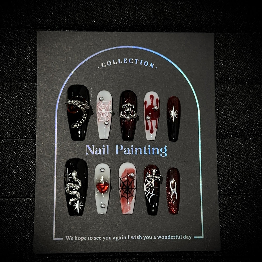 Gothic-Inspired Press-On Nail Art Set with 3D Embellishments